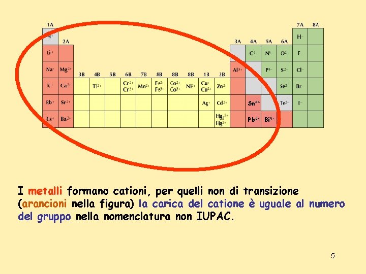 Sn 4+ Pb 4+ Bi 5+ I metalli formano cationi, per quelli non di