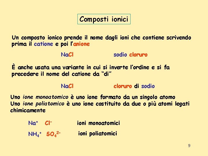 Composti ionici Un composto ionico prende il nome dagli ioni che contiene scrivendo prima