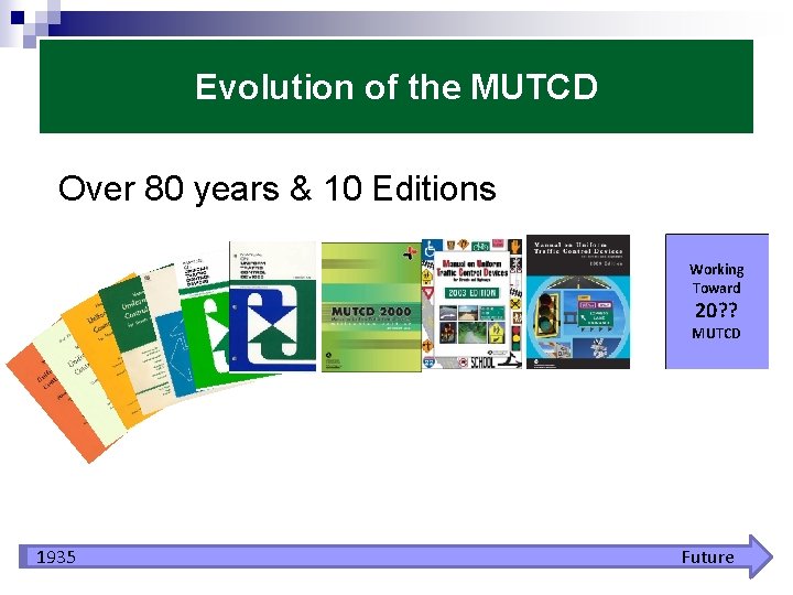 Evolution of the MUTCD Over 80 years & 10 Editions Working Toward 20? ?
