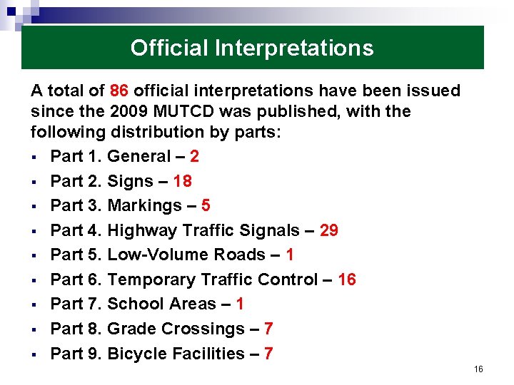 Official Interpretations A total of 86 official interpretations have been issued since the 2009
