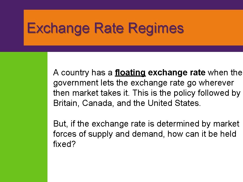  Exchange Rate Regimes A country has a floating exchange rate when the government