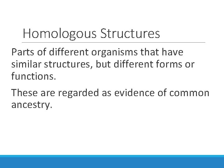 Homologous Structures Parts of different organisms that have similar structures, but different forms or