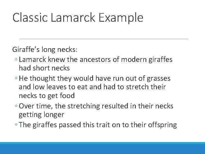 Classic Lamarck Example Giraffe’s long necks: ◦ Lamarck knew the ancestors of modern giraffes