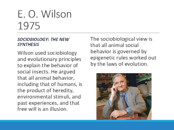 E. O. Wilson 1975 SOCIOBIOLOGY: THE NEW SYNTHESIS Wilson used sociobiology and evolutionary principles