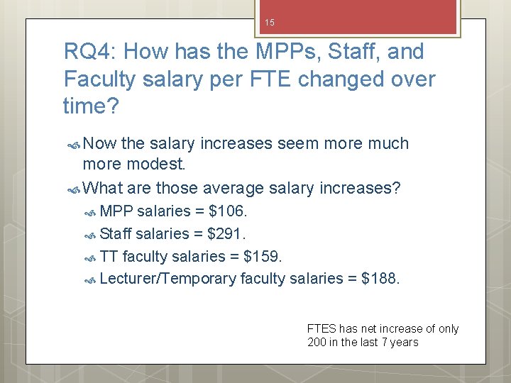 15 RQ 4: How has the MPPs, Staff, and Faculty salary per FTE changed