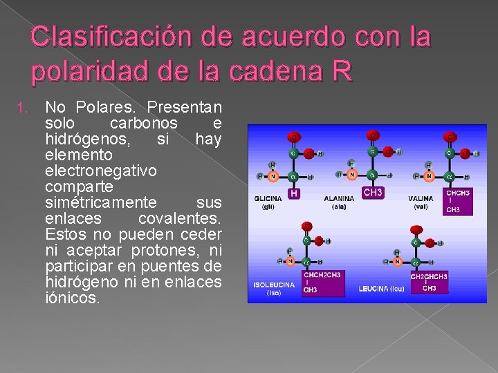 Clasificación de acuerdo con la polaridad de la cadena R 1. No Polares. Presentan