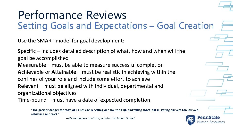 Performance Reviews Setting Goals and Expectations – Goal Creation Use the SMART model for Performance Reviews Setting Goals and Expectations – Goal Creation Use the SMART model for