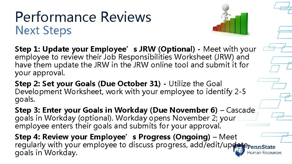 Performance Reviews Next Steps Step 1: Update your Employee’s JRW (Optional) - Meet with Performance Reviews Next Steps Step 1: Update your Employee’s JRW (Optional) - Meet with
