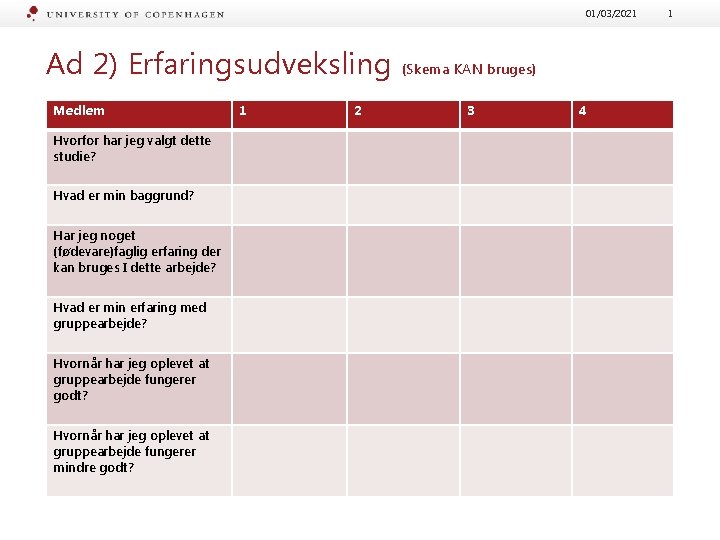 01/03/2021 Ad 2) Erfaringsudveksling Medlem Hvorfor har jeg valgt dette studie? Hvad er min