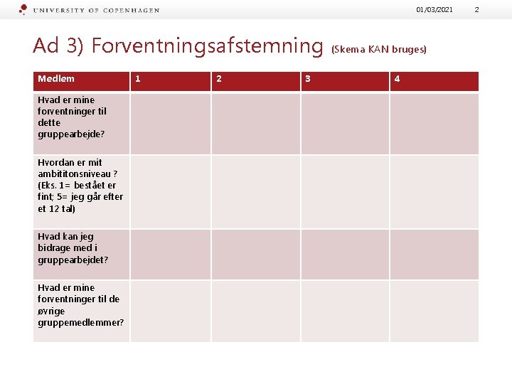 01/03/2021 Ad 3) Forventningsafstemning Medlem Hvad er mine forventninger til dette gruppearbejde? Hvordan er