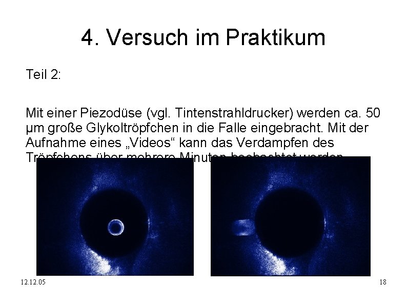 4. Versuch im Praktikum Teil 2: Mit einer Piezodüse (vgl. Tintenstrahldrucker) werden ca. 50