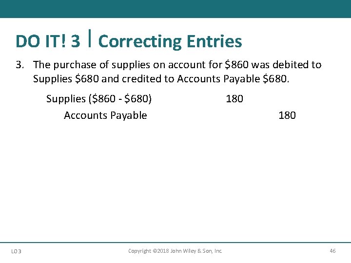 DO IT! 3 Correcting Entries 3. The purchase of supplies on account for $860