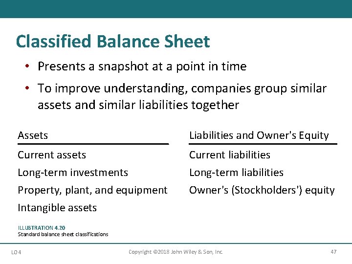 Classified Balance Sheet • Presents a snapshot at a point in time • To