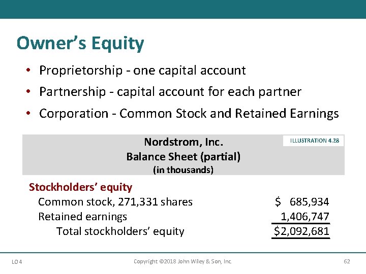 Owner’s Equity • Proprietorship - one capital account • Partnership - capital account for