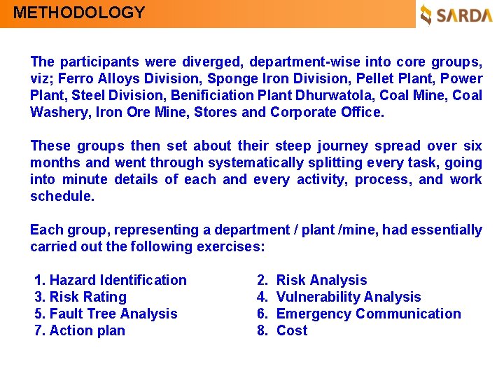 METHODOLOGY The participants were diverged, department-wise into core groups, viz; Ferro Alloys Division, Sponge