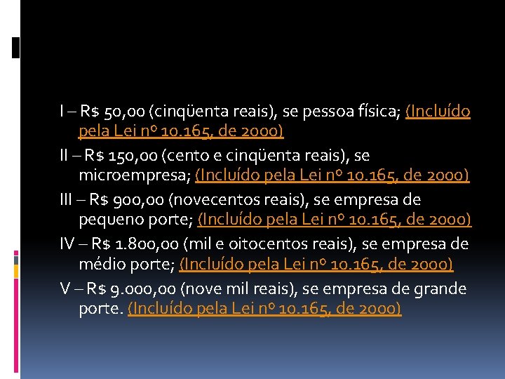 I – R$ 50, 00 (cinqüenta reais), se pessoa física; (Incluído pela Lei nº