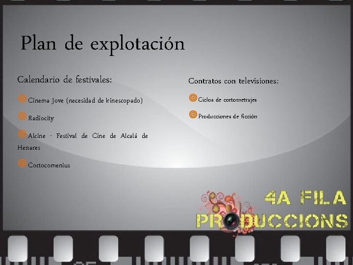 Plan de explotación Calendario de festivales: Contratos con televisiones: Cinema Jove (necesidad de kinescopado)