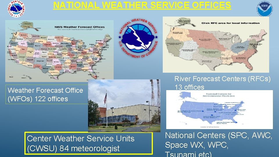 NATIONAL WEATHER SERVICE OFFICES Weather Forecast Office (WFOs) 122 offices Center Weather Service Units NATIONAL WEATHER SERVICE OFFICES Weather Forecast Office (WFOs) 122 offices Center Weather Service Units