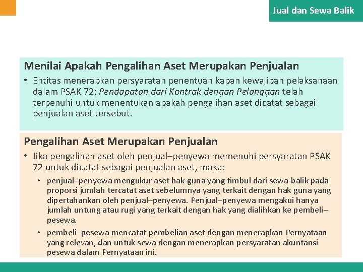 Jual dan Sewa Balik Menilai Apakah Pengalihan Aset Merupakan Penjualan • Entitas menerapkan persyaratan Jual dan Sewa Balik Menilai Apakah Pengalihan Aset Merupakan Penjualan • Entitas menerapkan persyaratan