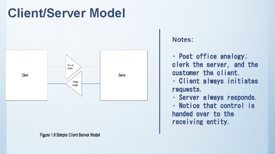 Client/Server Model Notes: • Post office analogy; clerk the server, and the customer the