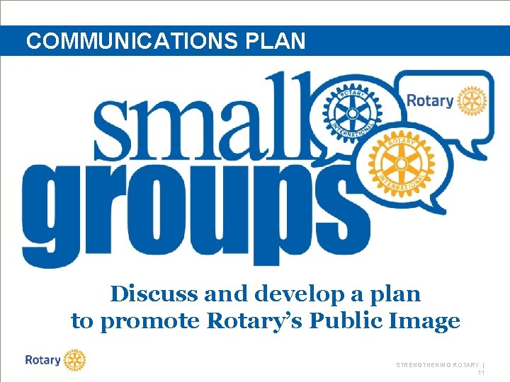 COMMUNICATIONS PLAN Discuss and develop a plan to promote Rotary’s Public Image STRENGTHENING ROTARY