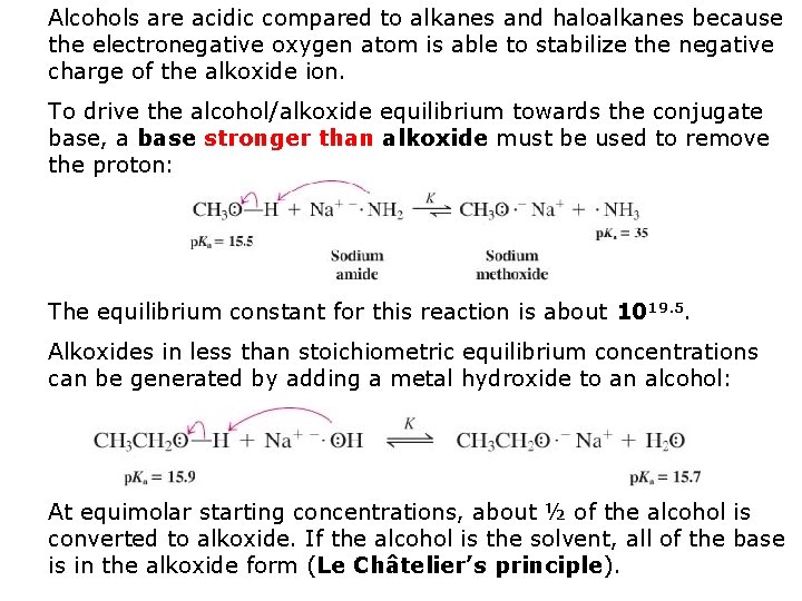 Alcohols are acidic compared to alkanes and haloalkanes because the electronegative oxygen atom is