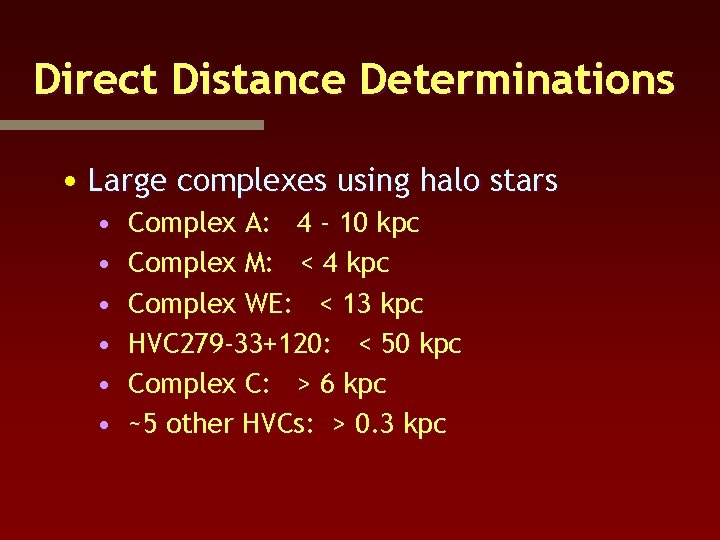 Direct Distance Determinations • Large complexes using halo stars • • • Complex A: