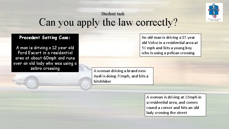 Student task Can you apply the law correctly? Precedent Setting Case: A man is