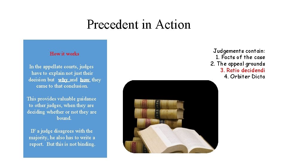 Precedent in Action How it works In the appellate courts, judges have to explain