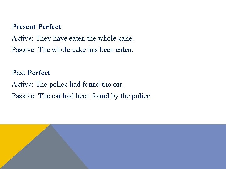 Present Perfect Active: They have eaten the whole cake. Passive: The whole cake has Present Perfect Active: They have eaten the whole cake. Passive: The whole cake has