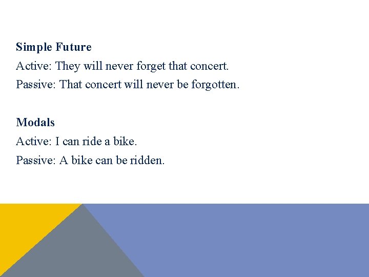 Simple Future Active: They will never forget that concert. Passive: That concert will never Simple Future Active: They will never forget that concert. Passive: That concert will never