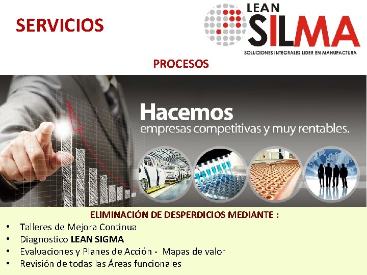 SERVICIOS PROCESOS • • ELIMINACIÓN DE DESPERDICIOS MEDIANTE : Talleres de Mejora Continua Diagnostico
