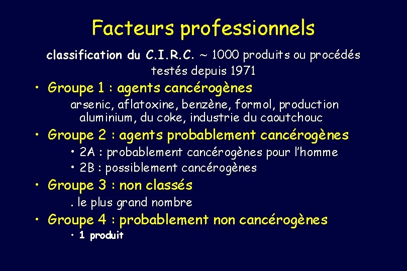 Facteurs professionnels classification du C. I. R. C. 1000 produits ou procédés testés depuis