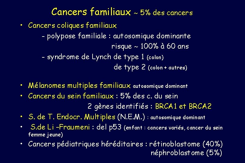 Cancers familiaux 5% des cancers • Cancers coliques familiaux - polypose familiale : autosomique