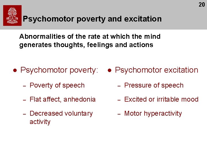 20 Psychomotor poverty and excitation Abnormalities of the rate at which the mind generates