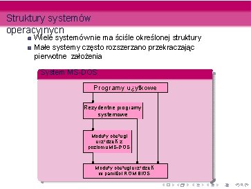 Struktury systemów operacyjnych Wiele systemów nie ma ściśle określonej struktury Małe systemy często rozszerzano Struktury systemów operacyjnych Wiele systemów nie ma ściśle określonej struktury Małe systemy często rozszerzano