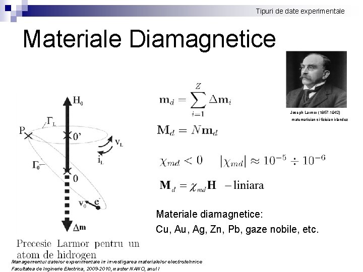 Tipuri de date experimentale Materiale Diamagnetice Joseph Larmor (1857 -1942) matematician si fizician irlandez