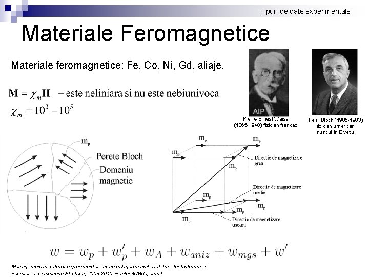 Tipuri de date experimentale Materiale Feromagnetice Materiale feromagnetice: Fe, Co, Ni, Gd, aliaje. Pierre-Ernest