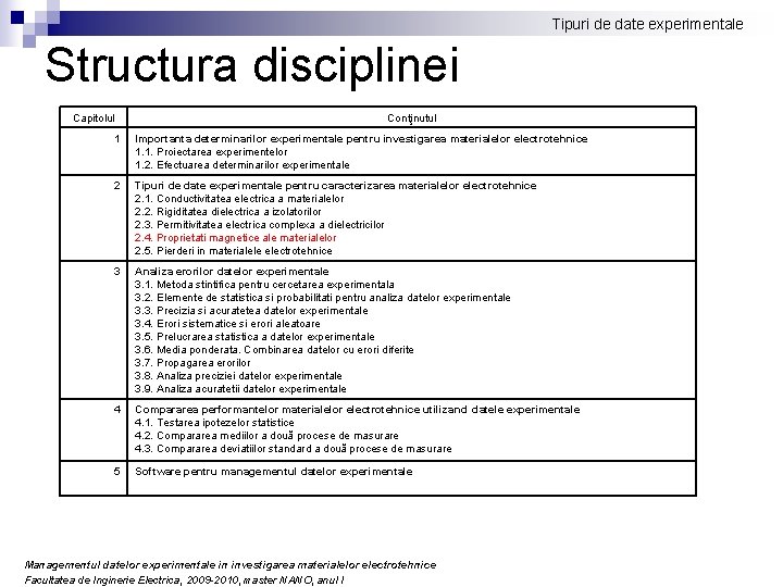 Tipuri de date experimentale Structura disciplinei Capitolul Conţinutul 1 Importanta determinarilor experimentale pentru investigarea