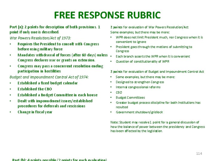 FREE RESPONSE RUBRIC Part (a): 2 points for description of both provisions. 1 point