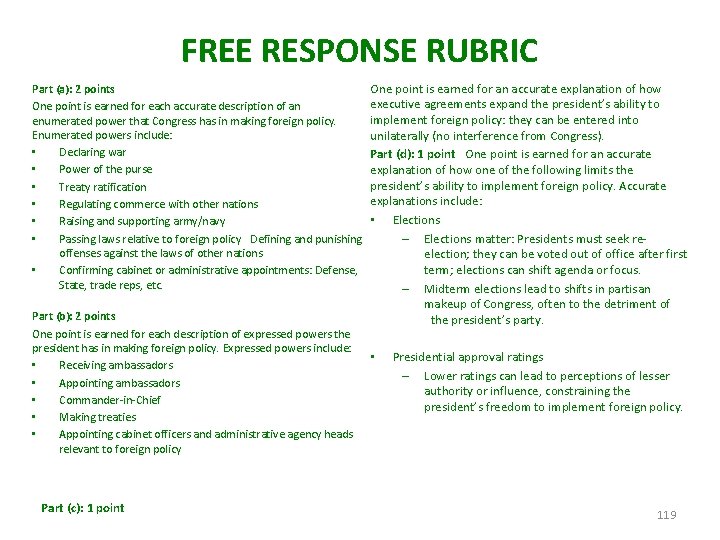 FREE RESPONSE RUBRIC Part (a): 2 points One point is earned for each accurate