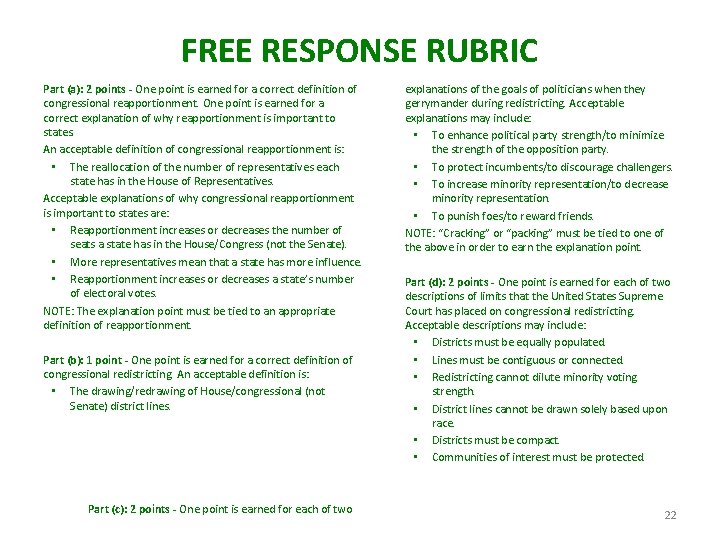 FREE RESPONSE RUBRIC Part (a): 2 points - One point is earned for a