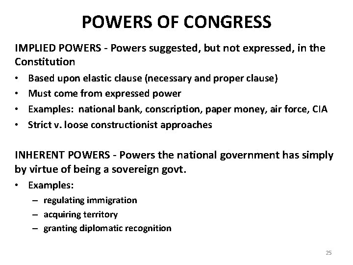 POWERS OF CONGRESS IMPLIED POWERS - Powers suggested, but not expressed, in the POWERS