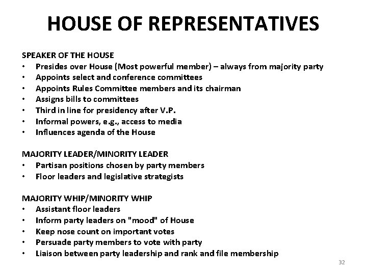 HOUSE OF REPRESENTATIVES SPEAKER OF THE HOUSE • Presides over House (Most powerful member)