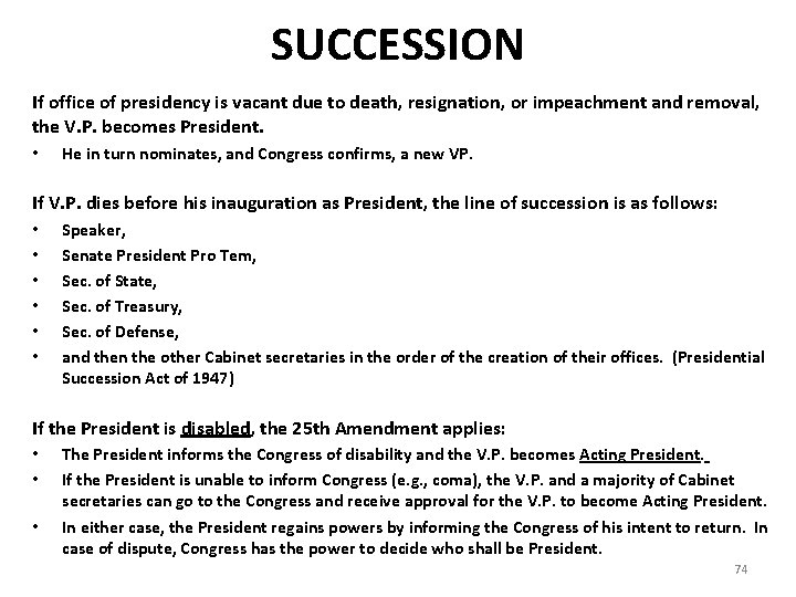 SUCCESSION If office of presidency is vacant due to death, resignation, or impeachment and