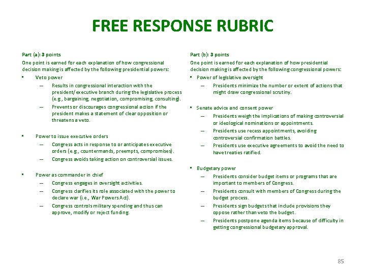 FREE RESPONSE RUBRIC Part (a): 3 points One point is earned for each explanation