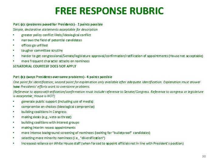 FREE RESPONSE RUBRIC Part (a): (problems posed for Presidents) - 2 points possible Simple,