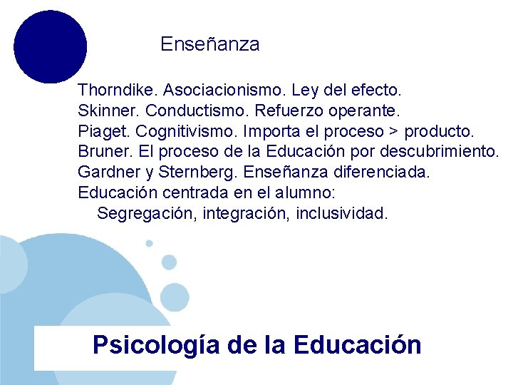  Enseñanza Thorndike. Asociacionismo. Ley del efecto. Skinner. Conductismo. Refuerzo operante. Piaget. Cognitivismo. Importa