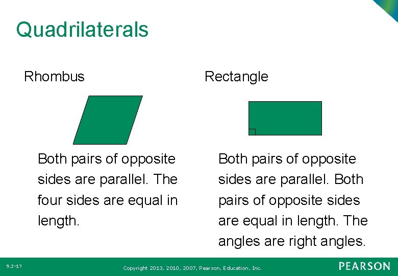 Quadrilaterals Rhombus Rectangle Both pairs of opposite sides are parallel. The four sides are Quadrilaterals Rhombus Rectangle Both pairs of opposite sides are parallel. The four sides are
