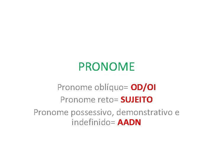 PRONOME Pronome oblíquo= OD/OI Pronome reto= SUJEITO Pronome possessivo, demonstrativo e indefinido= AADN 